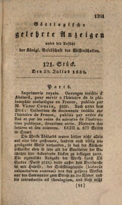 Göttingische gelehrte Anzeigen (Göttingische Zeitungen von gelehrten Sachen) Montag 29. Juli 1839