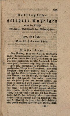 Göttingische gelehrte Anzeigen (Göttingische Zeitungen von gelehrten Sachen) Samstag 22. Februar 1840