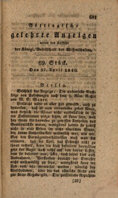 Göttingische gelehrte Anzeigen (Göttingische Zeitungen von gelehrten Sachen) Montag 27. April 1840