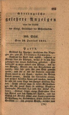 Göttingische gelehrte Anzeigen (Göttingische Zeitungen von gelehrten Sachen) Samstag 26. Juni 1841