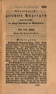 Göttingische gelehrte Anzeigen (Göttingische Zeitungen von gelehrten Sachen) Donnerstag 15. Juli 1841