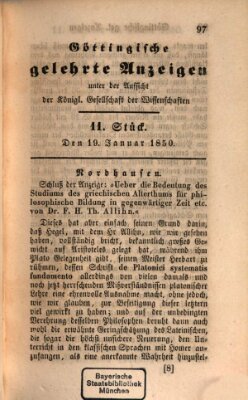 Göttingische gelehrte Anzeigen (Göttingische Zeitungen von gelehrten Sachen) Samstag 19. Januar 1850