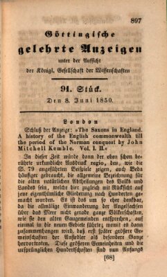 Göttingische gelehrte Anzeigen (Göttingische Zeitungen von gelehrten Sachen) Samstag 8. Juni 1850