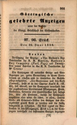 Göttingische gelehrte Anzeigen (Göttingische Zeitungen von gelehrten Sachen) Donnerstag 20. Juni 1850