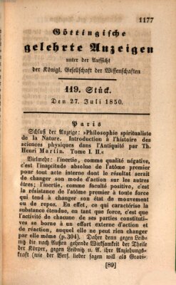 Göttingische gelehrte Anzeigen (Göttingische Zeitungen von gelehrten Sachen) Samstag 27. Juli 1850