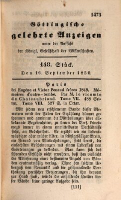 Göttingische gelehrte Anzeigen (Göttingische Zeitungen von gelehrten Sachen) Montag 16. September 1850