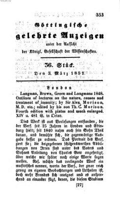 Göttingische gelehrte Anzeigen (Göttingische Zeitungen von gelehrten Sachen) Montag 3. März 1851