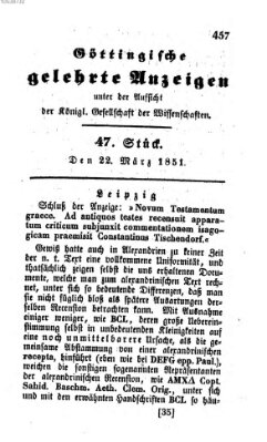 Göttingische gelehrte Anzeigen (Göttingische Zeitungen von gelehrten Sachen) Samstag 22. März 1851
