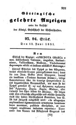 Göttingische gelehrte Anzeigen (Göttingische Zeitungen von gelehrten Sachen) Donnerstag 12. Juni 1851