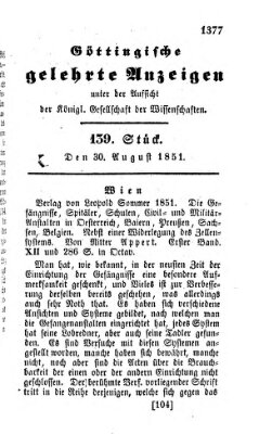 Göttingische gelehrte Anzeigen (Göttingische Zeitungen von gelehrten Sachen) Samstag 30. August 1851