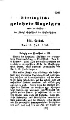 Göttingische gelehrte Anzeigen (Göttingische Zeitungen von gelehrten Sachen) Samstag 10. Juli 1852