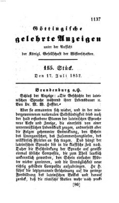 Göttingische gelehrte Anzeigen (Göttingische Zeitungen von gelehrten Sachen) Samstag 17. Juli 1852
