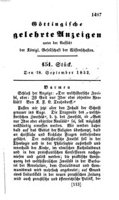 Göttingische gelehrte Anzeigen (Göttingische Zeitungen von gelehrten Sachen) Samstag 18. September 1852
