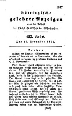 Göttingische gelehrte Anzeigen (Göttingische Zeitungen von gelehrten Sachen) Samstag 13. November 1852