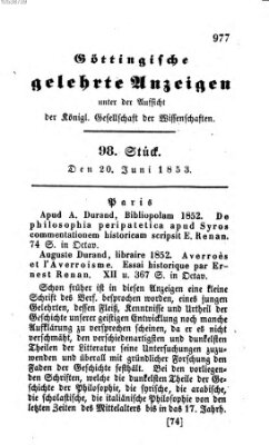Göttingische gelehrte Anzeigen (Göttingische Zeitungen von gelehrten Sachen) Montag 20. Juni 1853