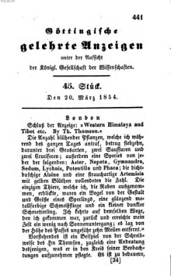Göttingische gelehrte Anzeigen (Göttingische Zeitungen von gelehrten Sachen) Montag 20. März 1854
