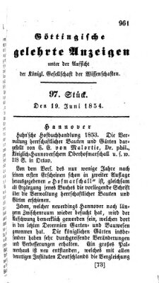Göttingische gelehrte Anzeigen (Göttingische Zeitungen von gelehrten Sachen) Montag 19. Juni 1854