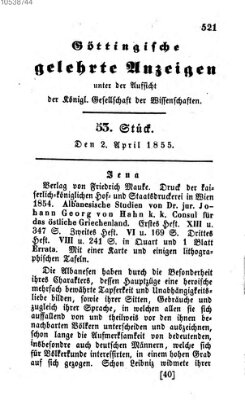 Göttingische gelehrte Anzeigen (Göttingische Zeitungen von gelehrten Sachen) Montag 2. April 1855