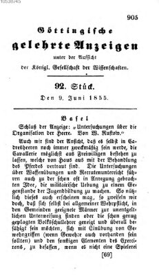 Göttingische gelehrte Anzeigen (Göttingische Zeitungen von gelehrten Sachen) Samstag 9. Juni 1855