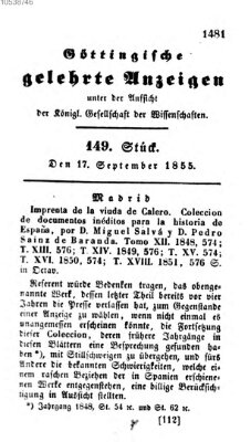 Göttingische gelehrte Anzeigen (Göttingische Zeitungen von gelehrten Sachen) Montag 17. September 1855