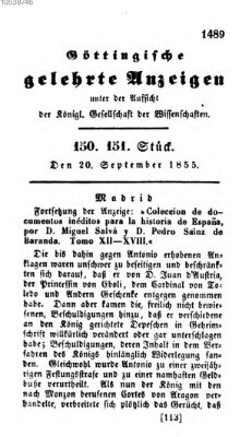 Göttingische gelehrte Anzeigen (Göttingische Zeitungen von gelehrten Sachen) Donnerstag 20. September 1855