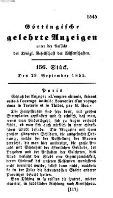 Göttingische gelehrte Anzeigen (Göttingische Zeitungen von gelehrten Sachen) Samstag 29. September 1855