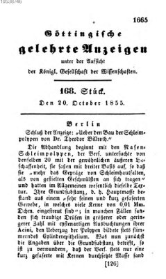 Göttingische gelehrte Anzeigen (Göttingische Zeitungen von gelehrten Sachen) Samstag 20. Oktober 1855