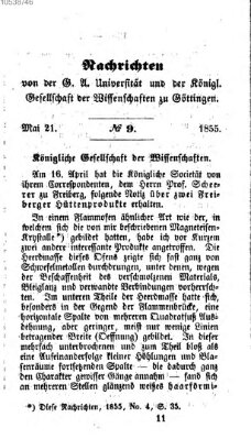 Göttingische gelehrte Anzeigen (Göttingische Zeitungen von gelehrten Sachen) Montag 21. Mai 1855