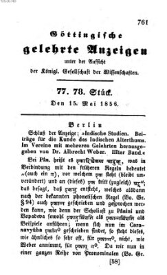Göttingische gelehrte Anzeigen (Göttingische Zeitungen von gelehrten Sachen) Donnerstag 15. Mai 1856