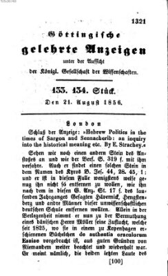 Göttingische gelehrte Anzeigen (Göttingische Zeitungen von gelehrten Sachen) Donnerstag 21. August 1856
