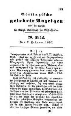 Göttingische gelehrte Anzeigen (Göttingische Zeitungen von gelehrten Sachen) Montag 2. Februar 1857