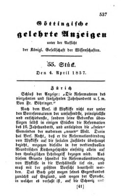 Göttingische gelehrte Anzeigen (Göttingische Zeitungen von gelehrten Sachen) Samstag 4. April 1857