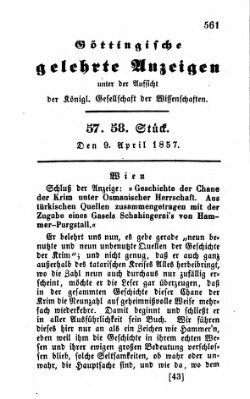 Göttingische gelehrte Anzeigen (Göttingische Zeitungen von gelehrten Sachen) Donnerstag 9. April 1857