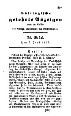 Göttingische gelehrte Anzeigen (Göttingische Zeitungen von gelehrten Sachen) Samstag 6. Juni 1857
