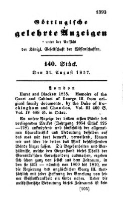 Göttingische gelehrte Anzeigen (Göttingische Zeitungen von gelehrten Sachen) Montag 31. August 1857