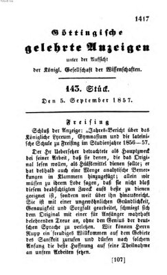 Göttingische gelehrte Anzeigen (Göttingische Zeitungen von gelehrten Sachen) Samstag 5. September 1857