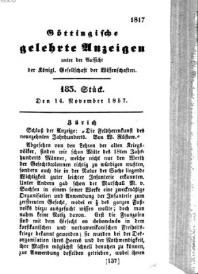Göttingische gelehrte Anzeigen (Göttingische Zeitungen von gelehrten Sachen) Samstag 14. November 1857