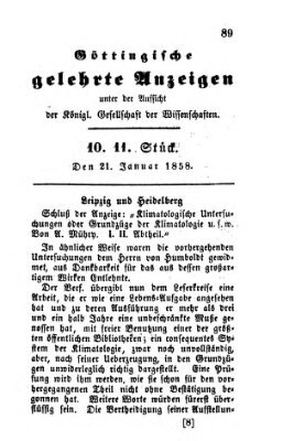 Göttingische gelehrte Anzeigen (Göttingische Zeitungen von gelehrten Sachen) Donnerstag 21. Januar 1858