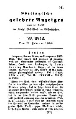 Göttingische gelehrte Anzeigen (Göttingische Zeitungen von gelehrten Sachen) Montag 22. Februar 1858