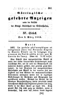 Göttingische gelehrte Anzeigen (Göttingische Zeitungen von gelehrten Sachen) Montag 8. März 1858