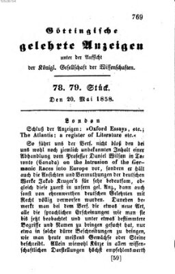 Göttingische gelehrte Anzeigen (Göttingische Zeitungen von gelehrten Sachen) Donnerstag 20. Mai 1858