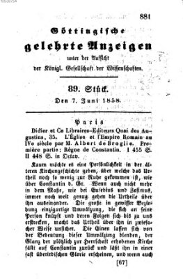 Göttingische gelehrte Anzeigen (Göttingische Zeitungen von gelehrten Sachen) Montag 7. Juni 1858
