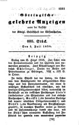 Göttingische gelehrte Anzeigen (Göttingische Zeitungen von gelehrten Sachen) Montag 5. Juli 1858