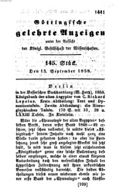 Göttingische gelehrte Anzeigen (Göttingische Zeitungen von gelehrten Sachen) Montag 13. September 1858