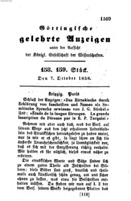 Göttingische gelehrte Anzeigen (Göttingische Zeitungen von gelehrten Sachen) Donnerstag 7. Oktober 1858