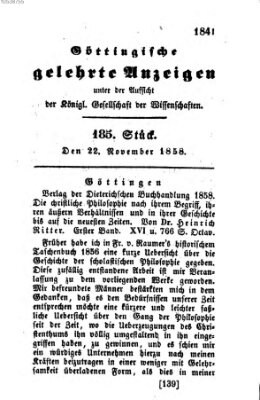 Göttingische gelehrte Anzeigen (Göttingische Zeitungen von gelehrten Sachen) Montag 22. November 1858