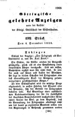Göttingische gelehrte Anzeigen (Göttingische Zeitungen von gelehrten Sachen) Samstag 4. Dezember 1858