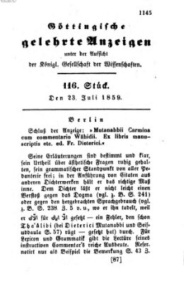Göttingische gelehrte Anzeigen (Göttingische Zeitungen von gelehrten Sachen) Samstag 23. Juli 1859