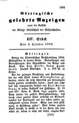 Göttingische gelehrte Anzeigen (Göttingische Zeitungen von gelehrten Sachen) Montag 3. Oktober 1859