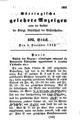 Göttingische gelehrte Anzeigen (Göttingische Zeitungen von gelehrten Sachen) Samstag 3. Dezember 1859
